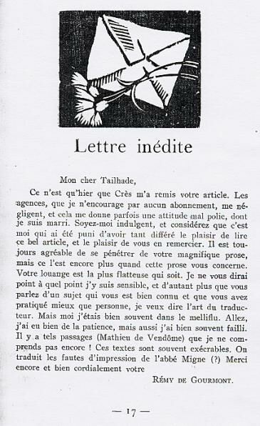 Lettre de Gourmont à L. Tailhade.