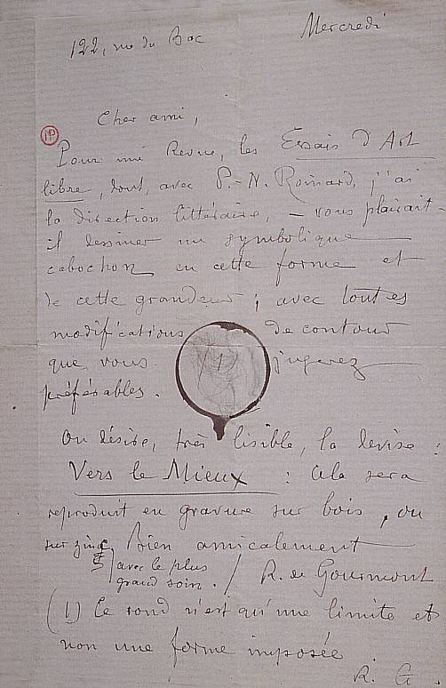 Lettre de R. de Gourmont  à Maurice Denis.