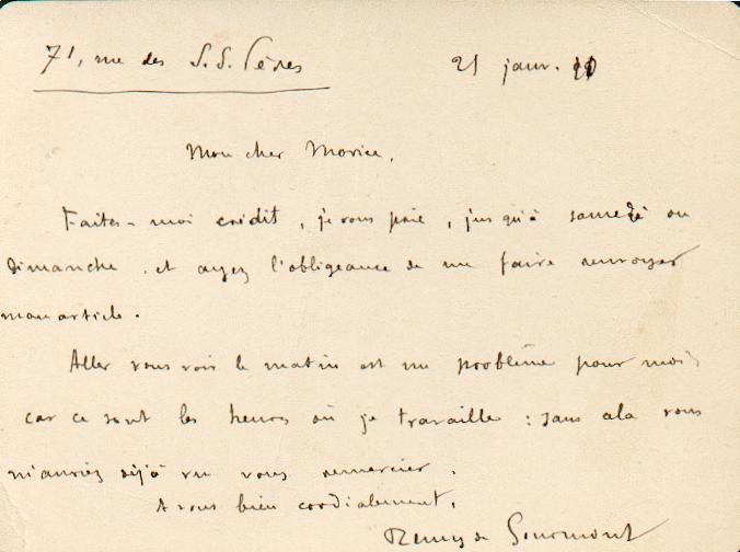 Lettre autographe de R. Gourmont à Ch. Morice; coll. Th. Gillyboeuf.