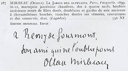 Envoi d'Octave Mirbeau à Remy de Gourmont.