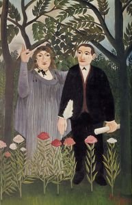 Rousseau, le Douanier : Portrait de Guillaume Apollinaire et de Marie Laurencin aux oeillets de poète, 1909.